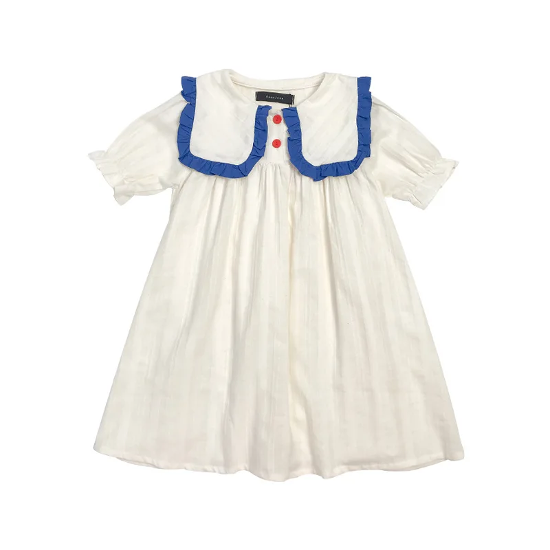 

RJ 2021 girls' Korean cute baby Collar Dress Girls' Navy collar color matching bubble sleeve summer dress