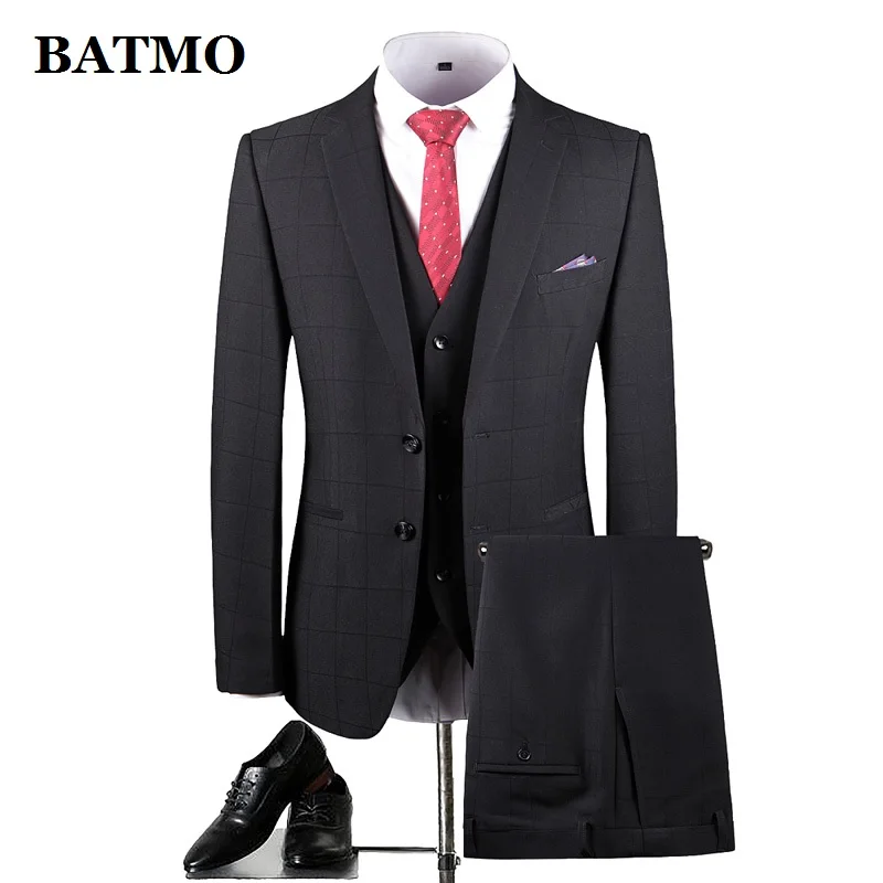 

BATMO 2020 new arrvial high quality samrt casual plaid suits men,men's wedding dress,black suits,jackets+vest+pants,1719
