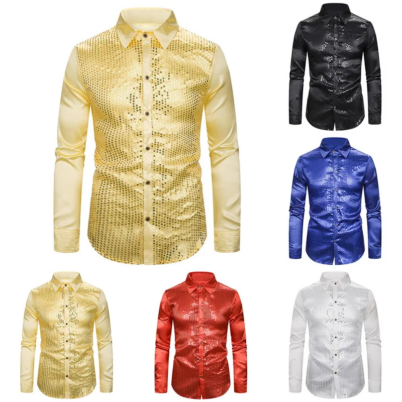 HEFLASHOR Мужские Роскошные блестящие рубашки с блестками и длинными рукавами из