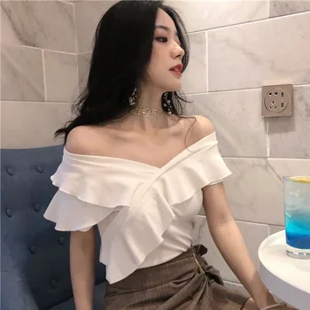 Women White Blouses Off Shoulder Sexy Summer Slim Fit Elegant Tops Female Slash Neck Ruffle Shirt Tops 1