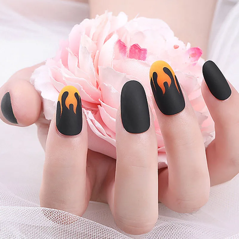 Накладные ногти 24 шт. черные длинные гвозди с пламенем полное покрытие вечерние