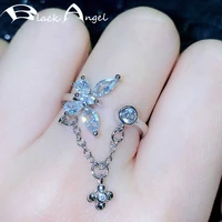 black angel individual design 925 silver butterfly ring inlaid luxury crystal adjustable chain charms for women party cz jewelry