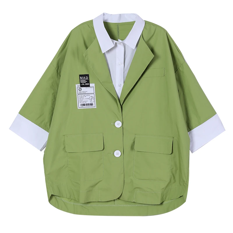 IEQJSpring And Summer 2021 New Korean Version Loose big Size Literary Shirt Fake Two Thin Suit Jacket 3F0043
