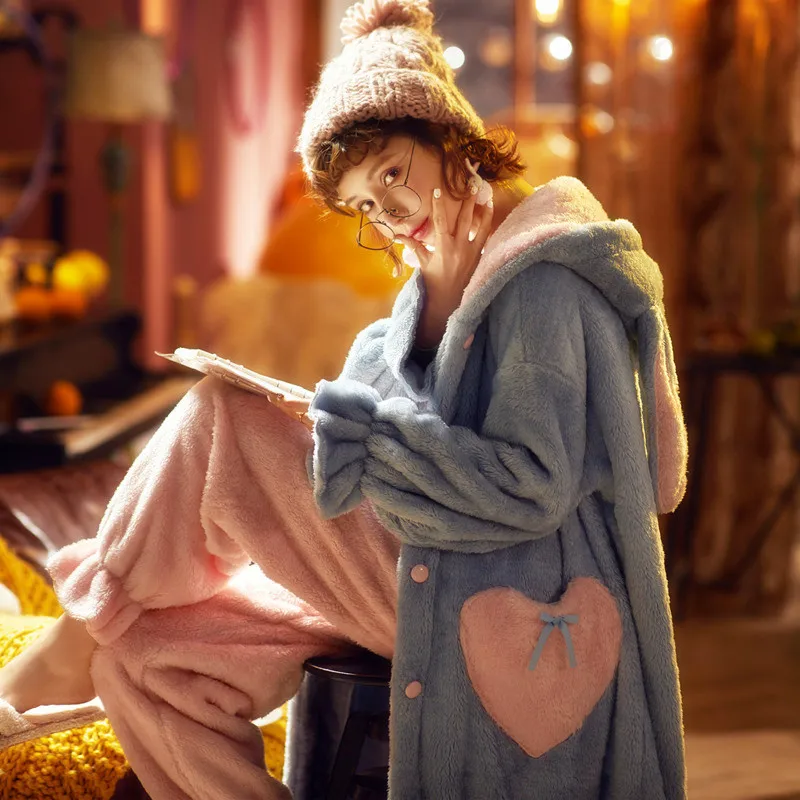 

Women Sleepwear Plus Size Medium Style Winter Pajamas Set Loose Version Keep Warm Intensification Pyjamas Plush Nightgown Hooded