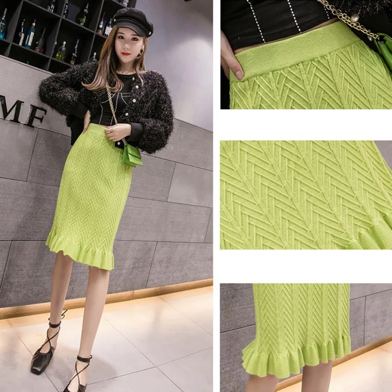Women Knitted Skirt Autumn Slim Fishtail Skirts Solid Color High Waist Bag Hip Ruffled Winter Skirt