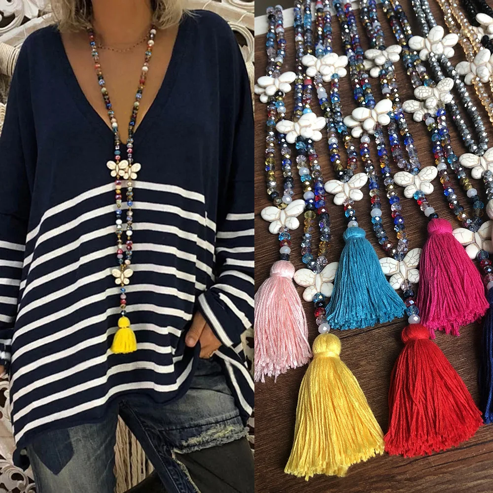 

Color crystal necklace for women with long turquoise bow bohemian tassel sweater chain jewelry wholesale