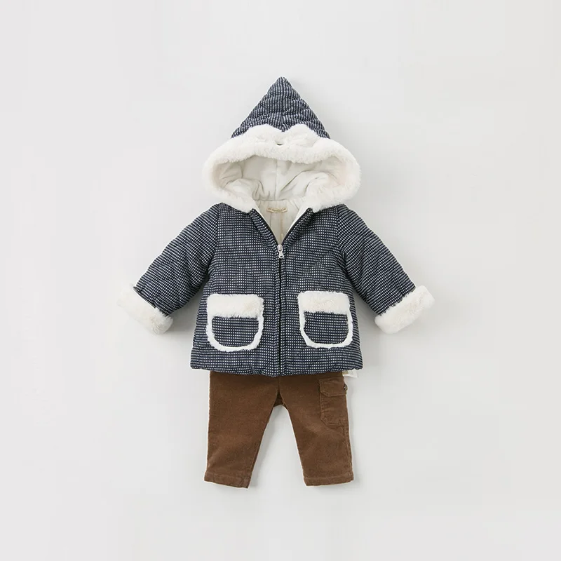 DB11630 dave bella зимнее клетчатое пальто с капюшоном для маленьких девочек детская