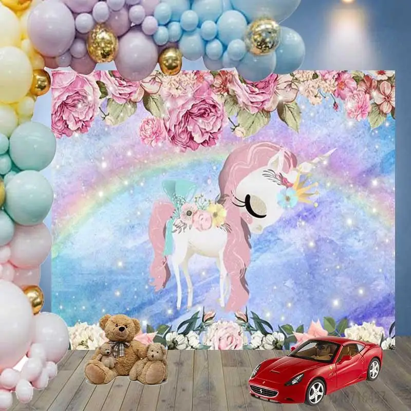 

Magical Rainbow Gold Unicorn Backdrop Glitter Unicorn Birthday Photo Background Holy Unicorn Children Party Photography Backdrop