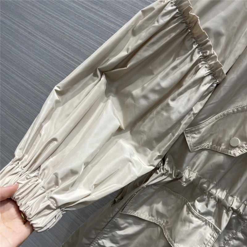 

High Quality Sunscreen Hooded Trench Coat Memory Fabric Lantern Sleeves Waist Adjustable Windbreaker Casual Cardigan Overcoats