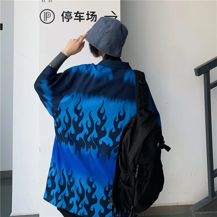 

Harajuku Streetwear Women Summer Single Breasted Shirt Oversized Flame Printing Loose Shirt