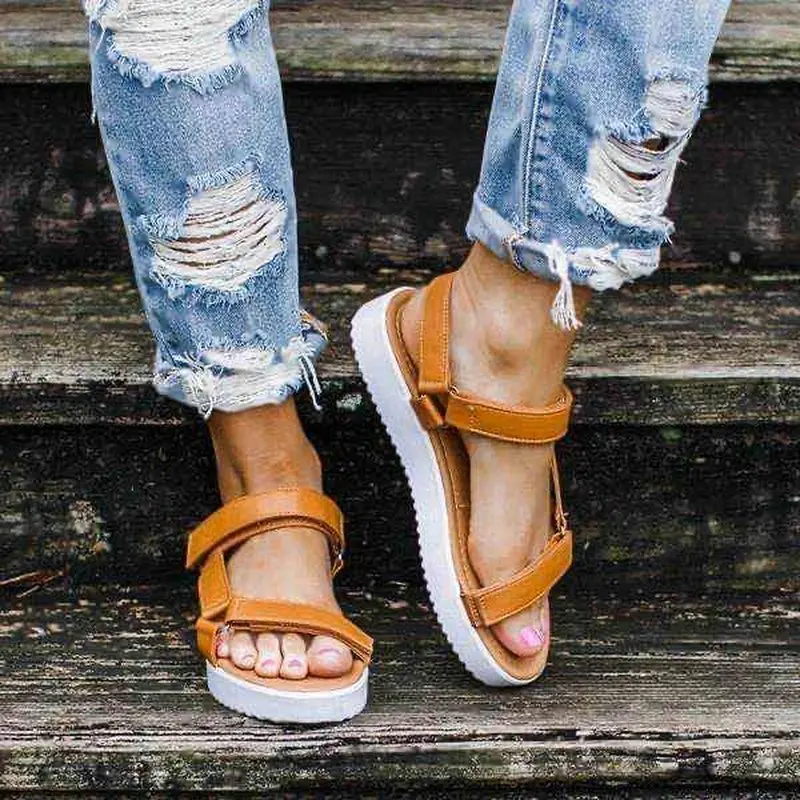 

Chunky Sandals Women Leather Shoes Ladies Casual Beach Sandals 2022 Plus Size Velcro Female Shoes Open Toe Leopard Shoes