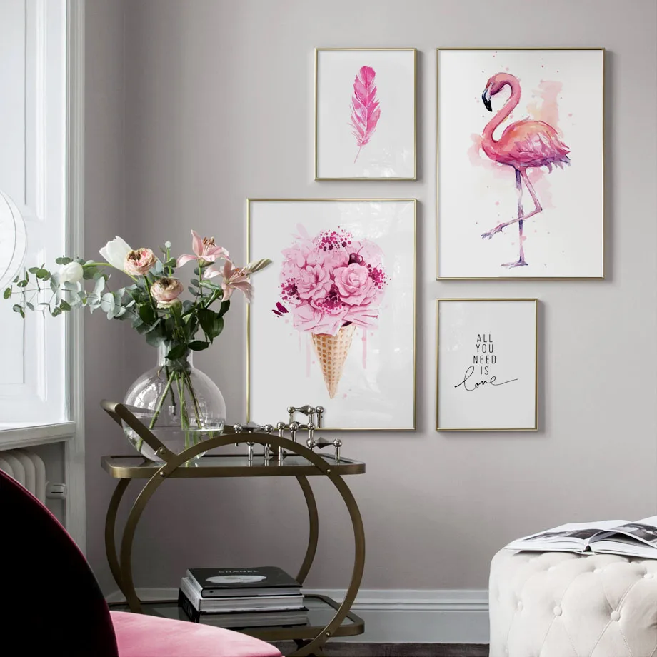 

Pink Flamingo Flower Ice Cream Love Quote Wall Art Canvas Painting Nordic Posters And Prints Pictures For Living Room Wall Decor