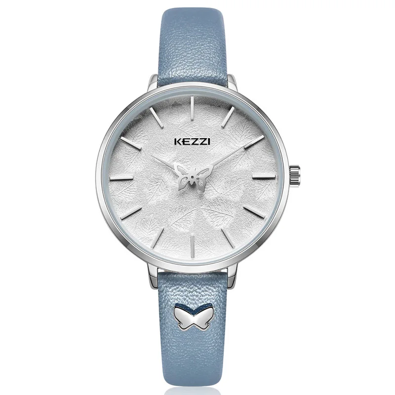 blue watch KEZZI женские кварцевые часы модные повседневные Водонепроницаемые кожаные Наручные часы Простой Большой циферблат принт бабочка часы - Цвет: blue watch
