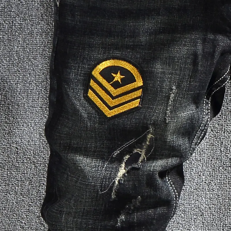 American Street Fashion Men Jeans Retro Black Blue Elastic Slim Fit Ripped Jeans Men Patches Designer Hip Hop Denim Punk Pants
