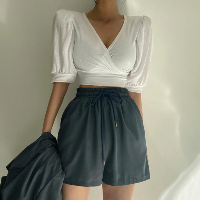 

Puff Short Sleeve V Neck Cropped Top Tee Women Korean Style Slim Casual Basic Cotton Shirt Summer Vintage Streetwear Iamhotty