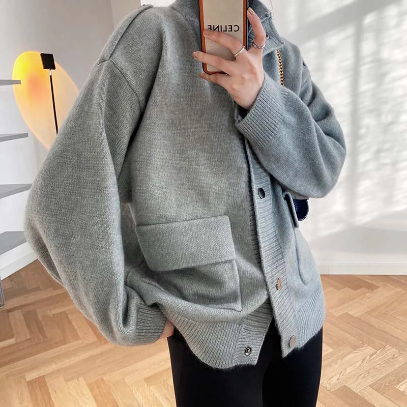 

Spring and Autumn Women's Casual Solid Color Turtleneck Long Sleeve Pocket Decorated Loose Cardigan Sweater