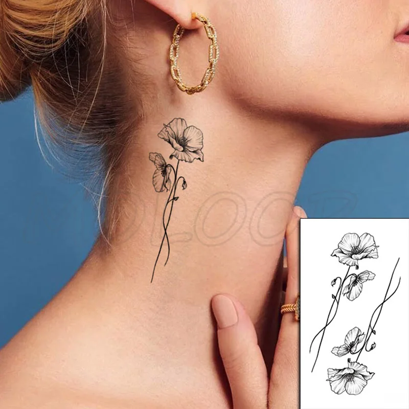 Водостойкие временные тату-наклейки Черная задняя часть руки цветок маленький