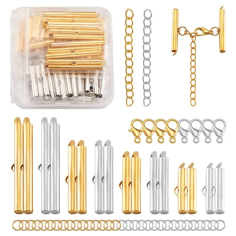 

1 Set Iron Slide On End Clasp Tubes Chain Extender 304 Stainless Steel Jump Rings Alloy Lobster Clasps for Jewlery Making