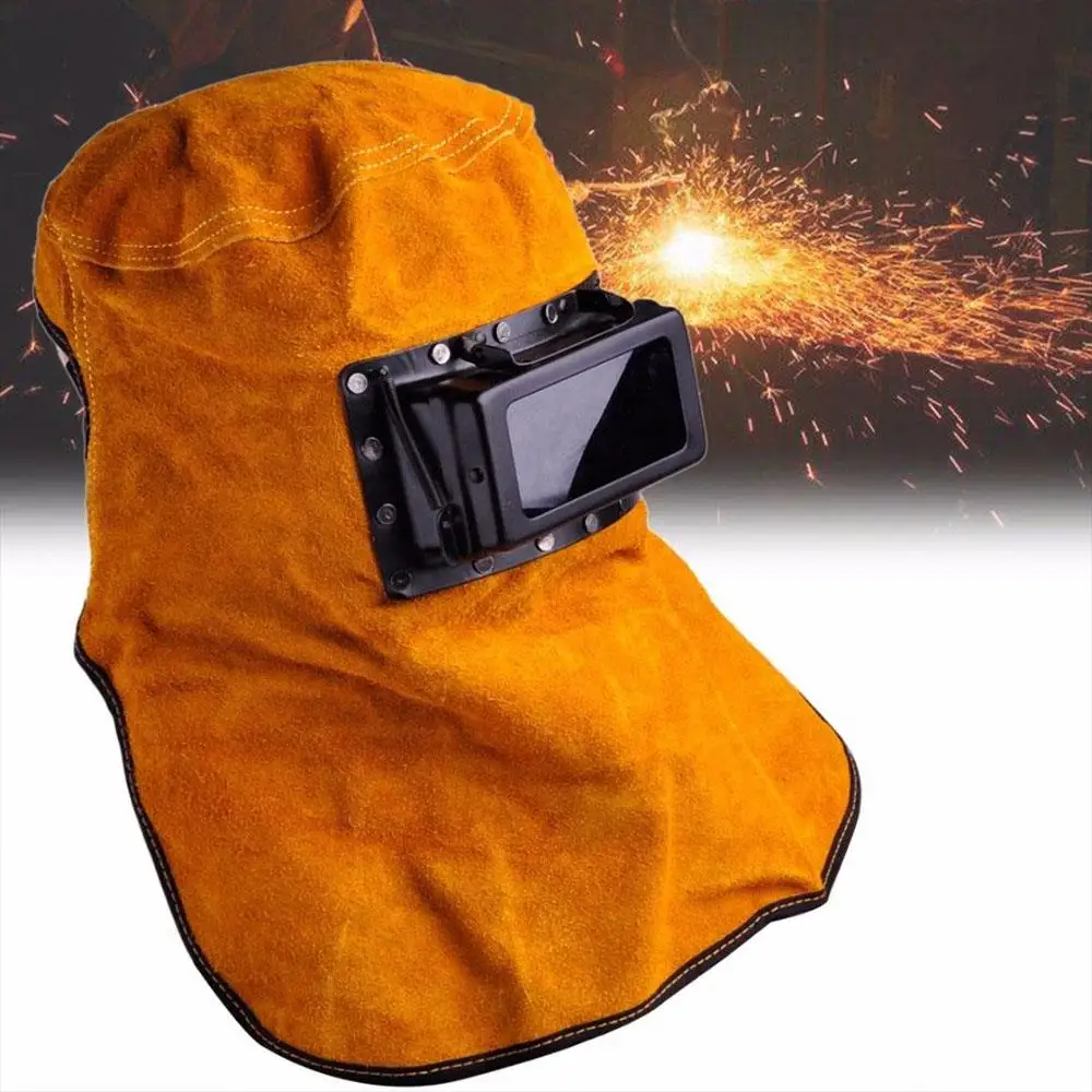 

Welder Mask Welding Helmet Cowhide Yellow Head-Mounted Filter Lens -15°-65° Protect Arc Tig Mig Solder Slag Mars Leather Hood