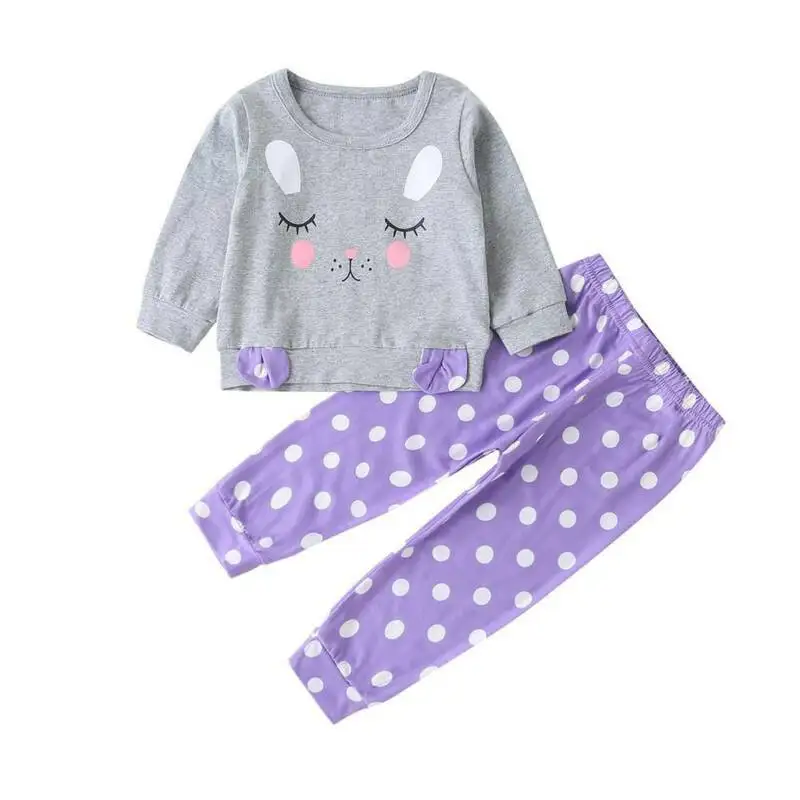 

Одежда для малышей, одежда с принтом кролика, для детей, для девочек, Милая футболка с длинным рукавом и штаны в горошек, комплект для новорож...