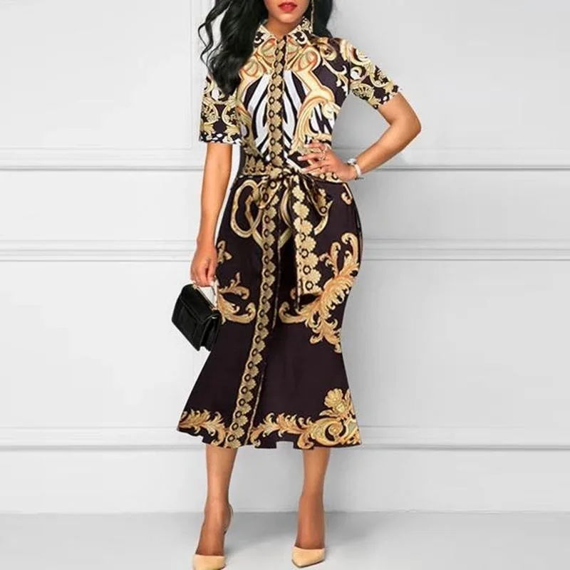 

2020 Summer Bodycon Dress Sexy Dress Women Fishtail Dress Women's Fashion Retro Printed Lapel