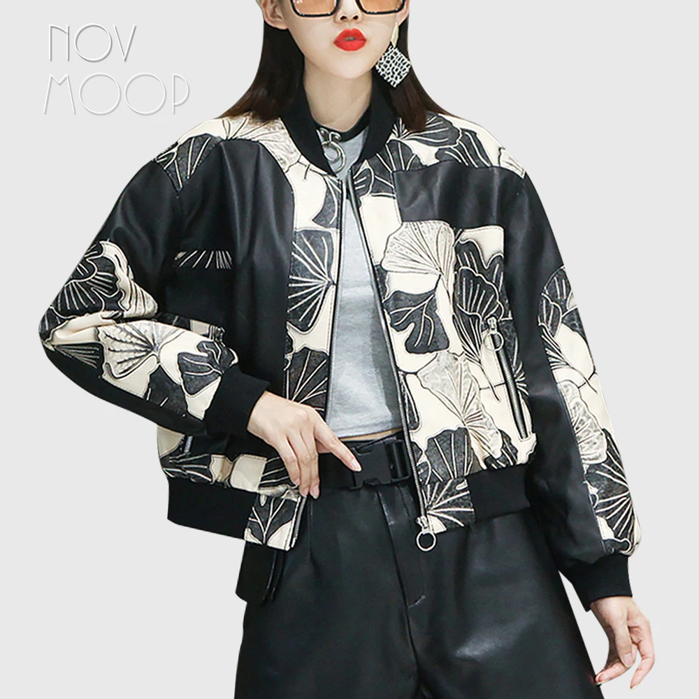 

Novmoop 2020 genuine leather sheepskin with ginkgo leaf print women bomber coat Veste en cuir pour femme LT3271