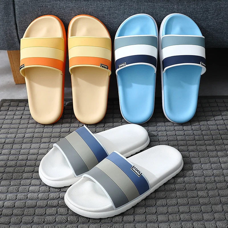 

Men Slippers Soft Sole PVC Mute Home Slides For Men Shoes Women Non-slip Summer Neutral Stripe Sandals Bathroom Shower Shoes