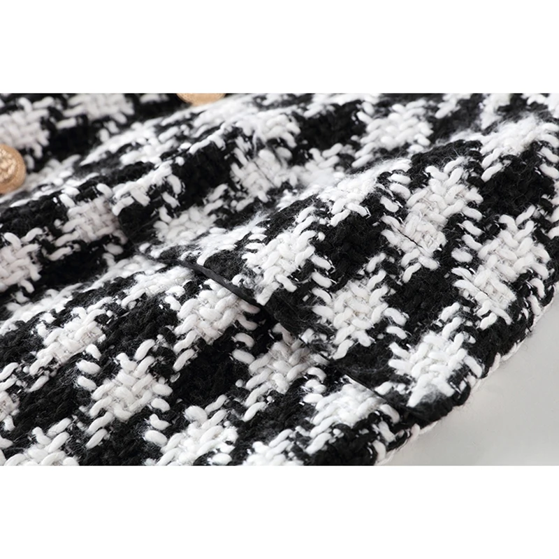 

New Fashion 2021 Runway Designer Skirt Women's Lion Buttons Double Breasted Tweed Wool Houndstooth Mini Skirt