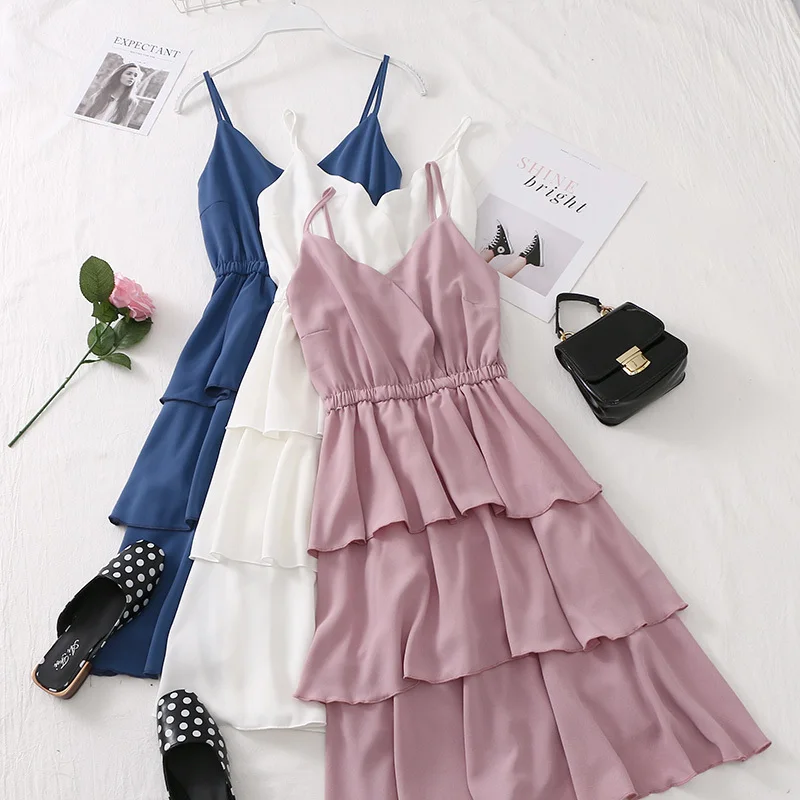 

Summer Sleeveless Tiered Strap Women Dress Solid Elegant A-line Chiffon Sundress Holiday Party Cascading Ruffle Dress