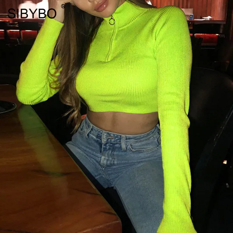 Fluorescence Green SIBYBO водолазка ребристые осенние женские Топы с длинным рукавом Тонкая Сексуальная футболка женская однотонная молния Повседневная укороченный Топ для женщин - Цвет: Fluorescence Green