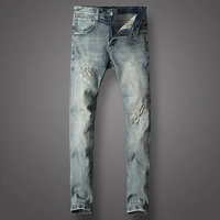 european vintage fashion men jeans retro gray blue elastic slim fit ripped jeans men patchwork designer casual punk denim pants