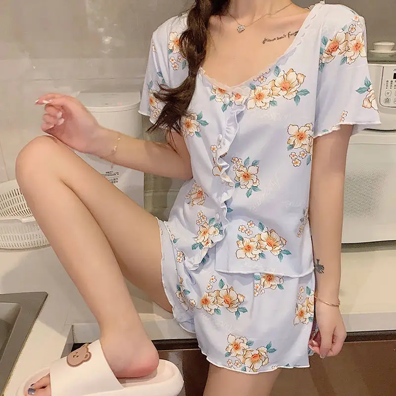 CAIYIER Summer Women Pajamas Set Korea Sweet Printing Sleepwear Short Sleeve Small Broken Flower Girl Lace Sexy Shorts Nightwear
