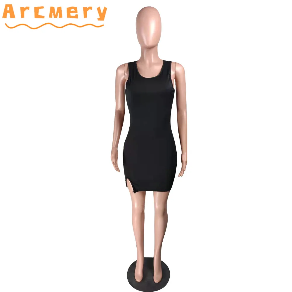 

Women Plus Size Casual Solid Slim Sleeveless Slit Bodycon Mini Dress