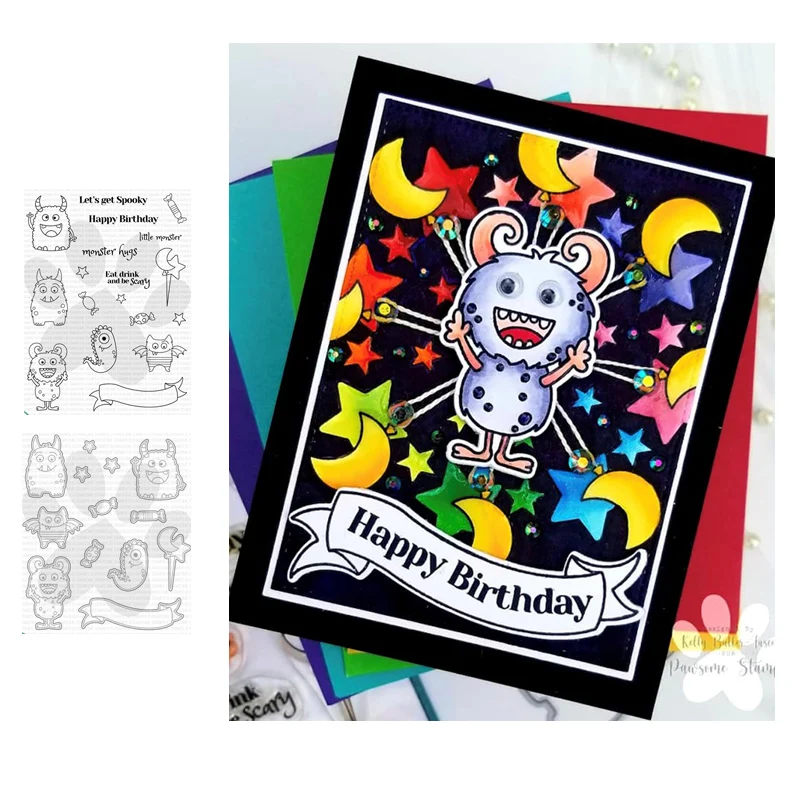 

Happy Birthday Monster Metal Cutting Dies and Clear Stamps for Scrapbooking Craft Stencil Seal Sheet Decor Embossing Template