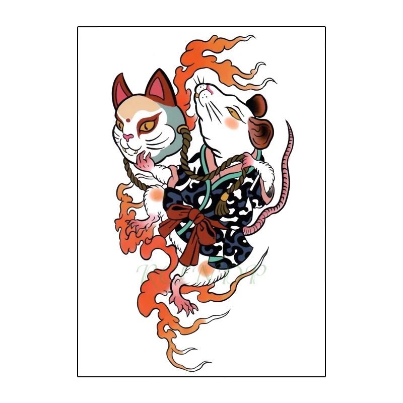 Водостойкая Временная тату наклейка мультяшная мышь Кот в японском стиле