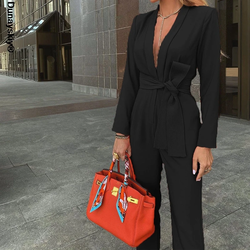 

Women Long Sleeve Turn Down Collar Belt Wide Leg Jumpsuits 2021 Chic Solid Regular Shirt Oversize Jumpsuits Streetwear