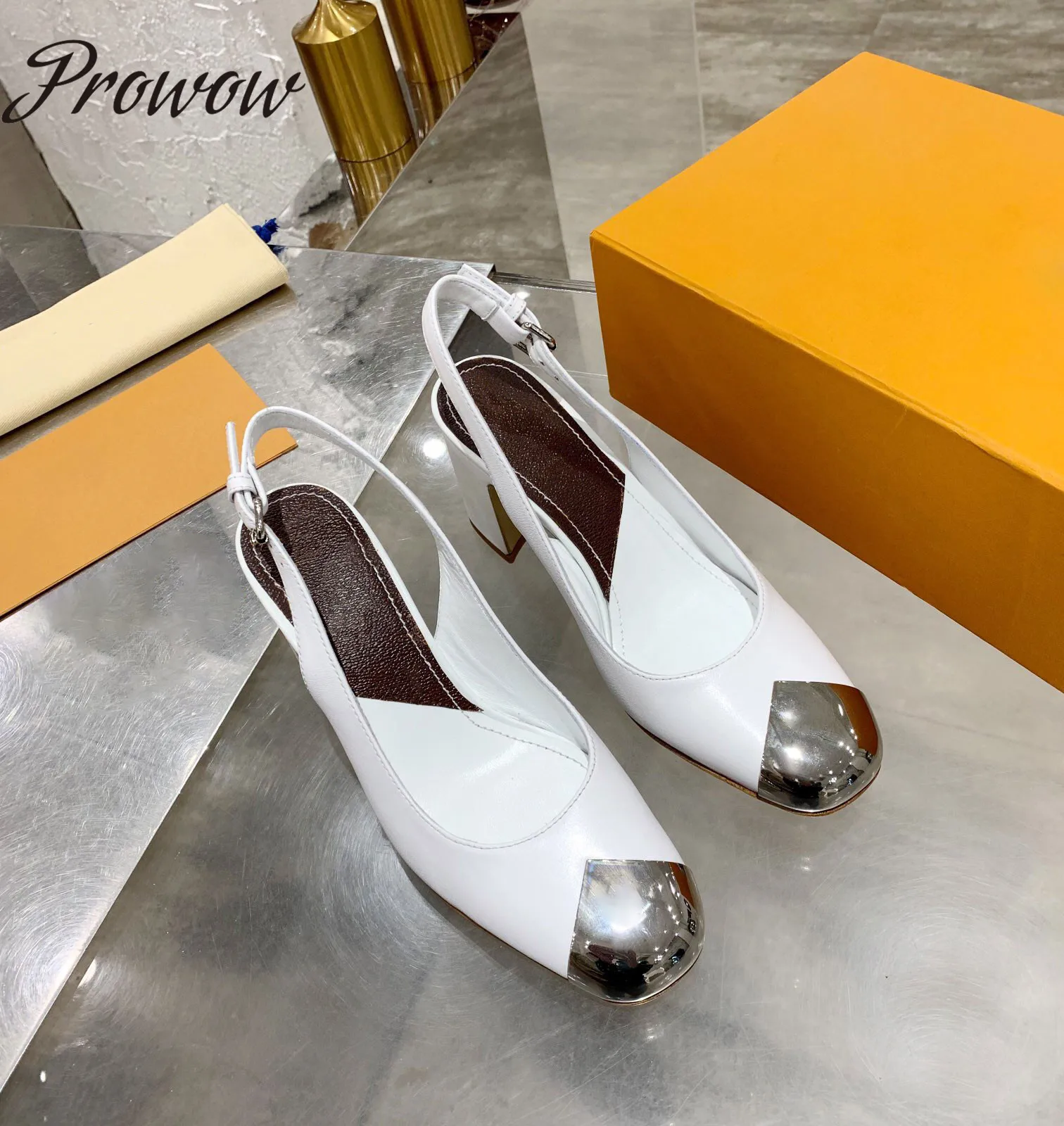 

Prowow New Genuine Leather Luxury Brand Pumps Sling Back Thick Heel HIgh Heels Shoes Women