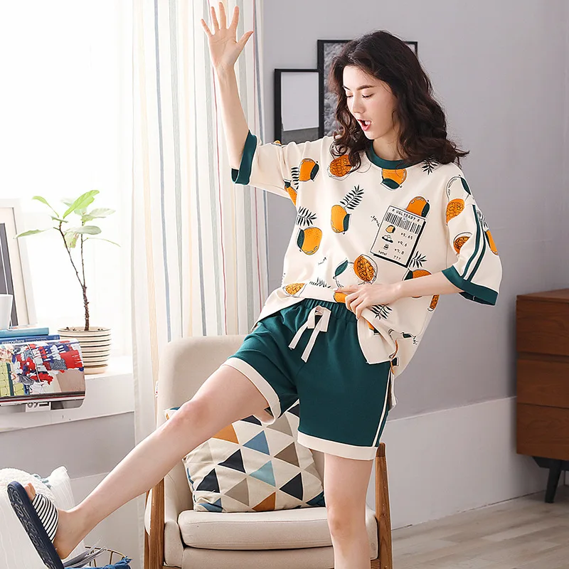 

Pajama Sets Short Cute Summer Cotton Sleepwear Women Short-Sleeved Shorts Nightgown Fresh Sweet Hedging Womens Home Clothes Sets