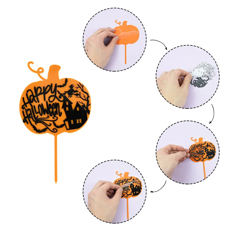 

1pc Halloween Cake Toppers Trick Or Treat Spider Web Pumpkins Acrylic Cupcake Cake Flags Happy Halloween Party Decoration Topper