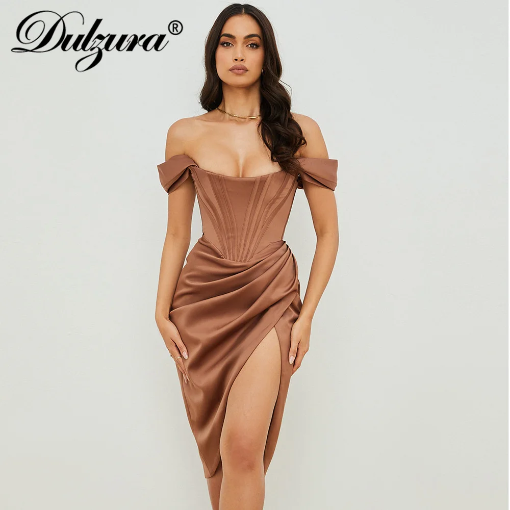 

Dulzura 2021 Summer Women Pure Satin Corset Midi Dress Off Shoulder High Slit Ruched Bodycon Sexy Elegant Party Solid Clothes