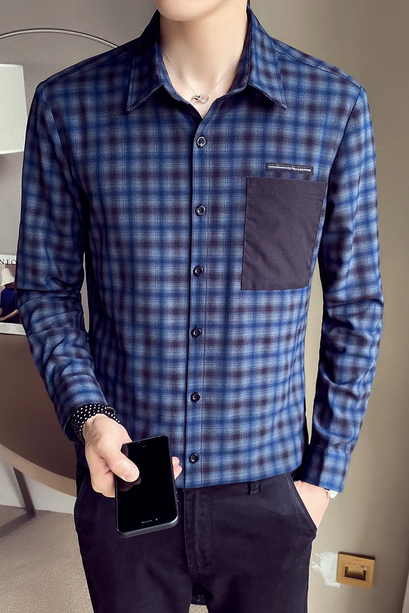 

Spring Plaid Shirts Men Fashion Long Sleeve Slim Fit Casual Shirt Korean Student Streetwear Social Party Blouse Chemise Homme