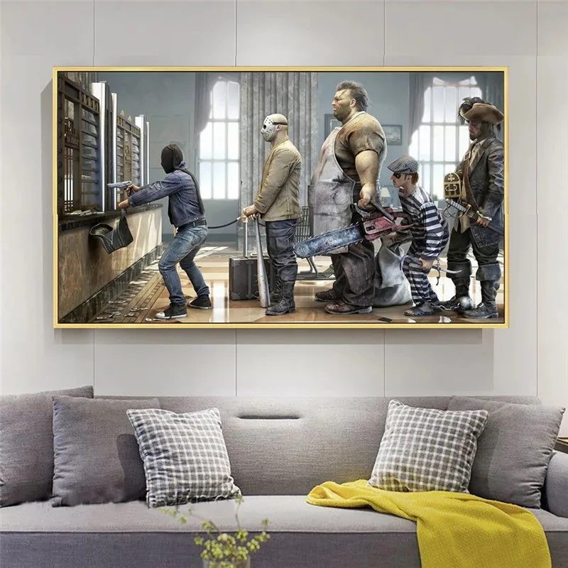 Современный Забавный художественный постер очереди Роба банка Картина на холсте