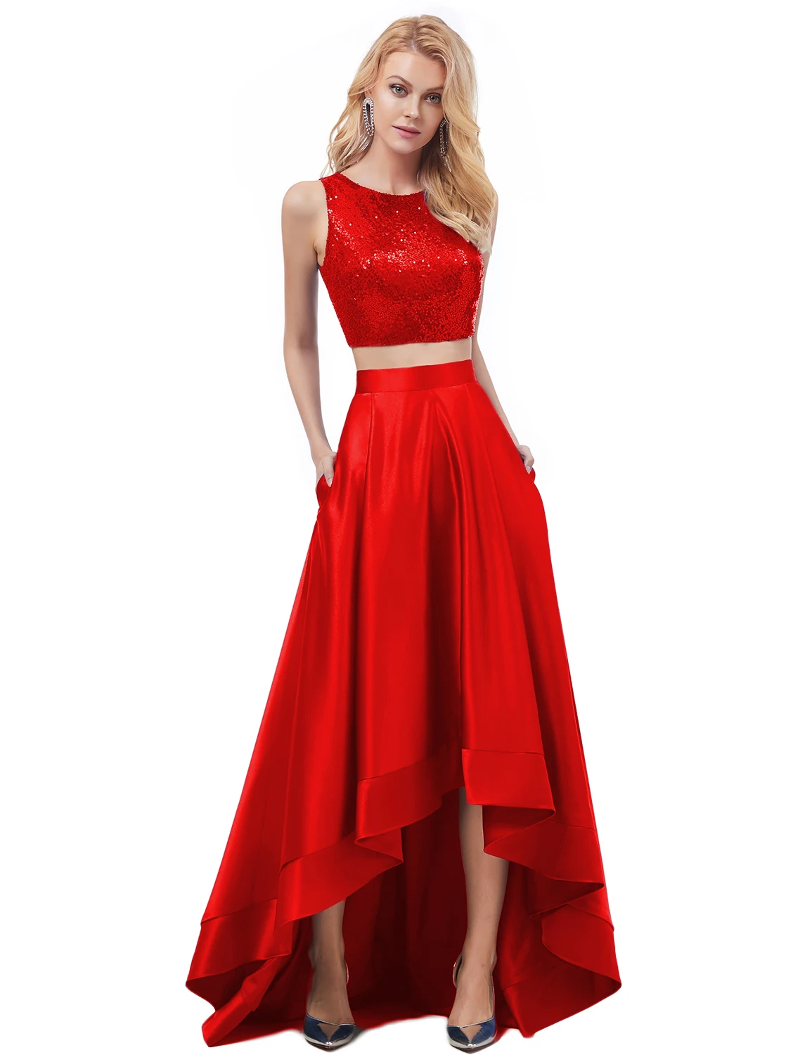 Vivian's Bridal Весенняя мода Sequin Crop Top вечернее платье, пикантное асимметричное платье с открытой спиной и высокой низкой атласной юбкой, платье для выпускного вечера