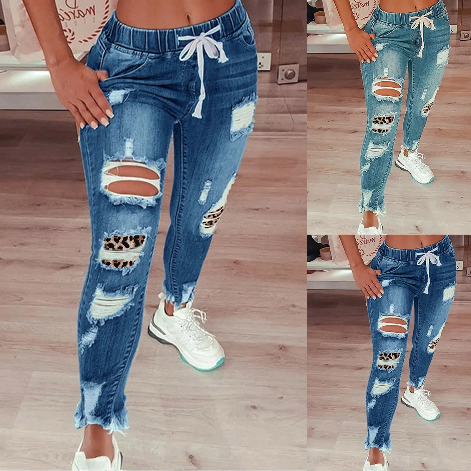 

Woman Jeans 2021 Fashion Womens Best Seller Leopard Print Hole High Waist Cowboys Pants джинсы для девушек джинсы
