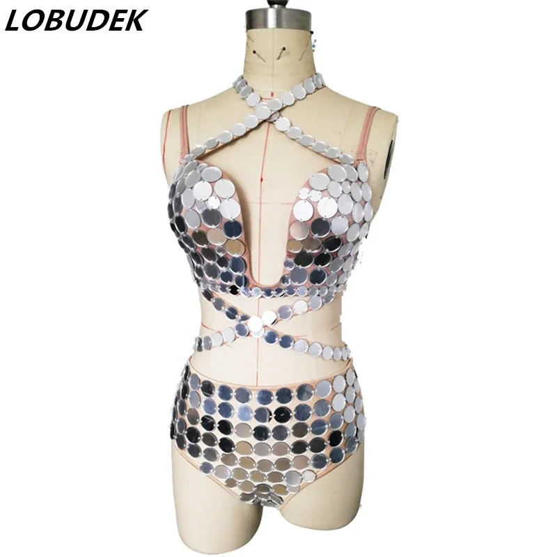 Набор серебристого бикини с ручным шитьем женский костюм для диджея певицы танца