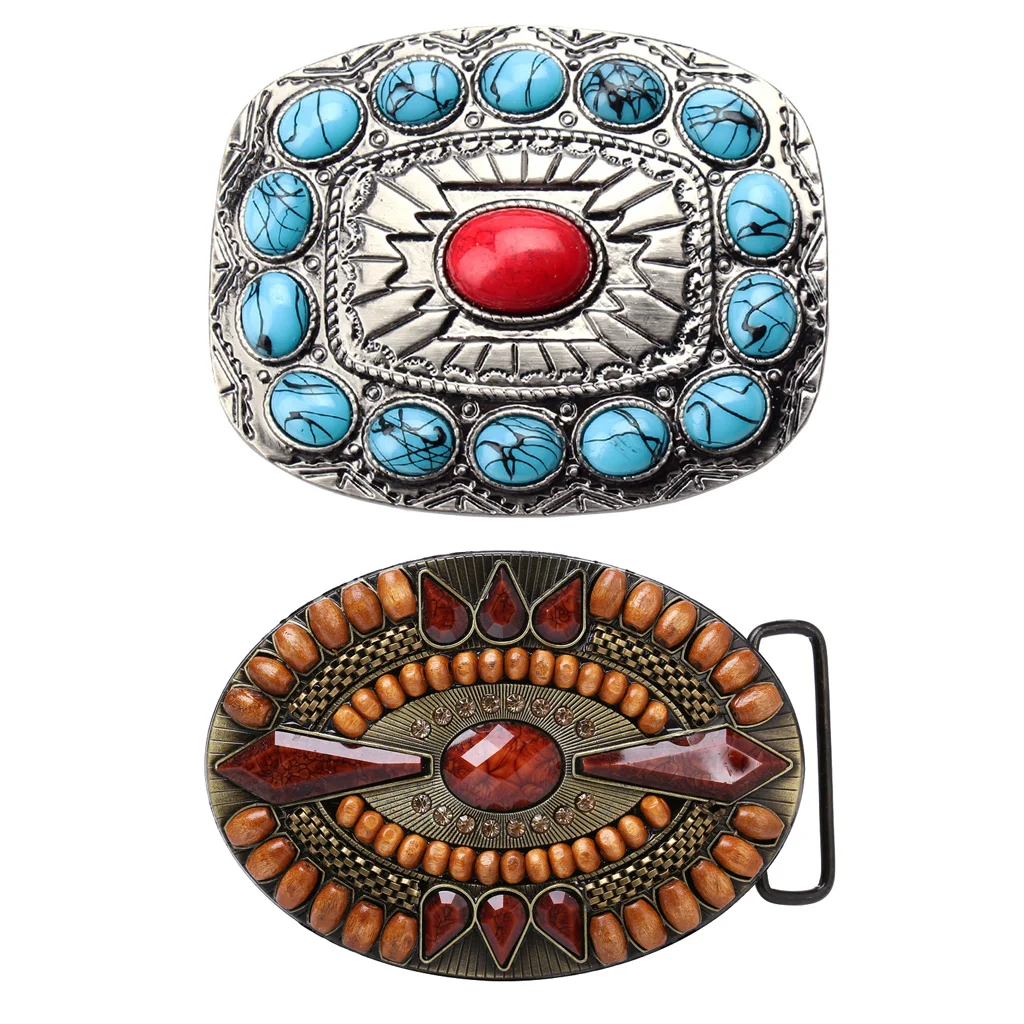 

2x Men Retro Western Cowboy Turquoise Bead Metal Belt Buckle