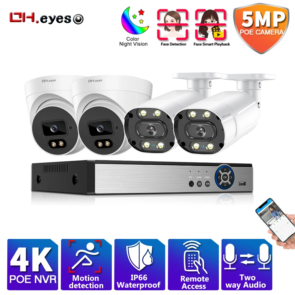 

Security Camera System 4CH 4K 5MP HD POE NVR Kit CCTV Two Way Audio AI Face Detect Outdoor Video Surveillance IP Camera Set