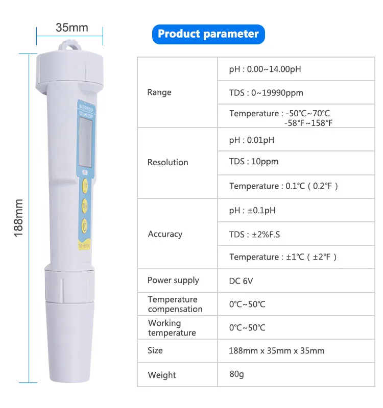 Yieryi Protable TDS/PH&ampTEMP 3 in 1 Digital Drinking Water quality Analyzer pH Monitor for Aquarium Acidometer Measurement Tool |