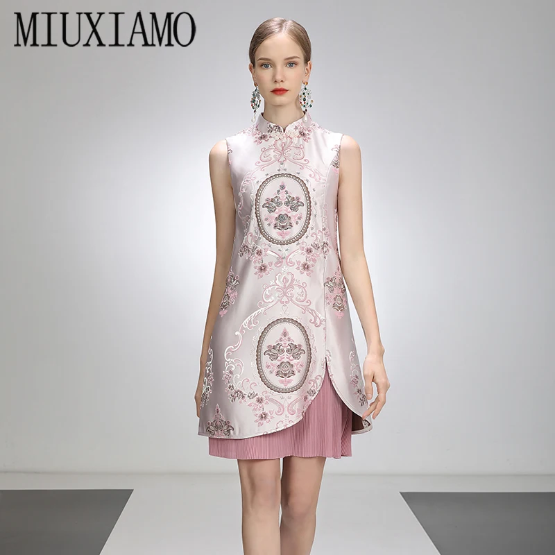 

MIUXIMAO 2021 Spring Summer Party Dress Jacquard Flower Diamonds Above Knee Tank Office Lady Casual Dress Women Vestidos