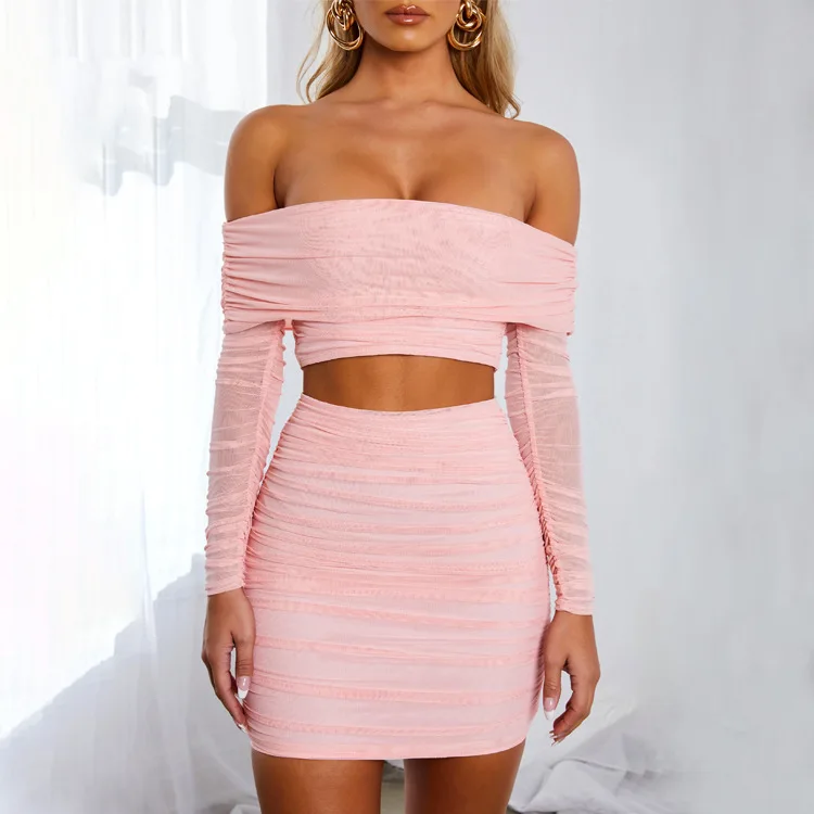 

Sexy Dresses Mesh Skirt Suit Autumn New Amazon Sexy Pleated off-Shoulder Short Skirt Dress Female Vestido De Mujer